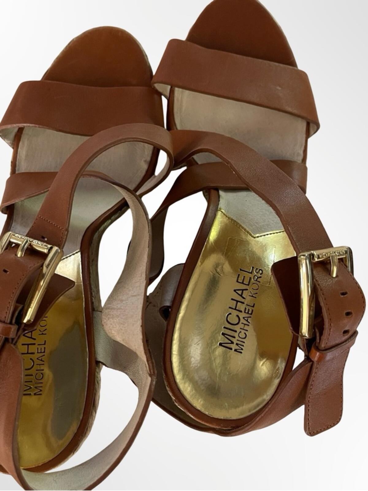 Michael Kors Brown Leather Espadrille Wedge Sandals in 10