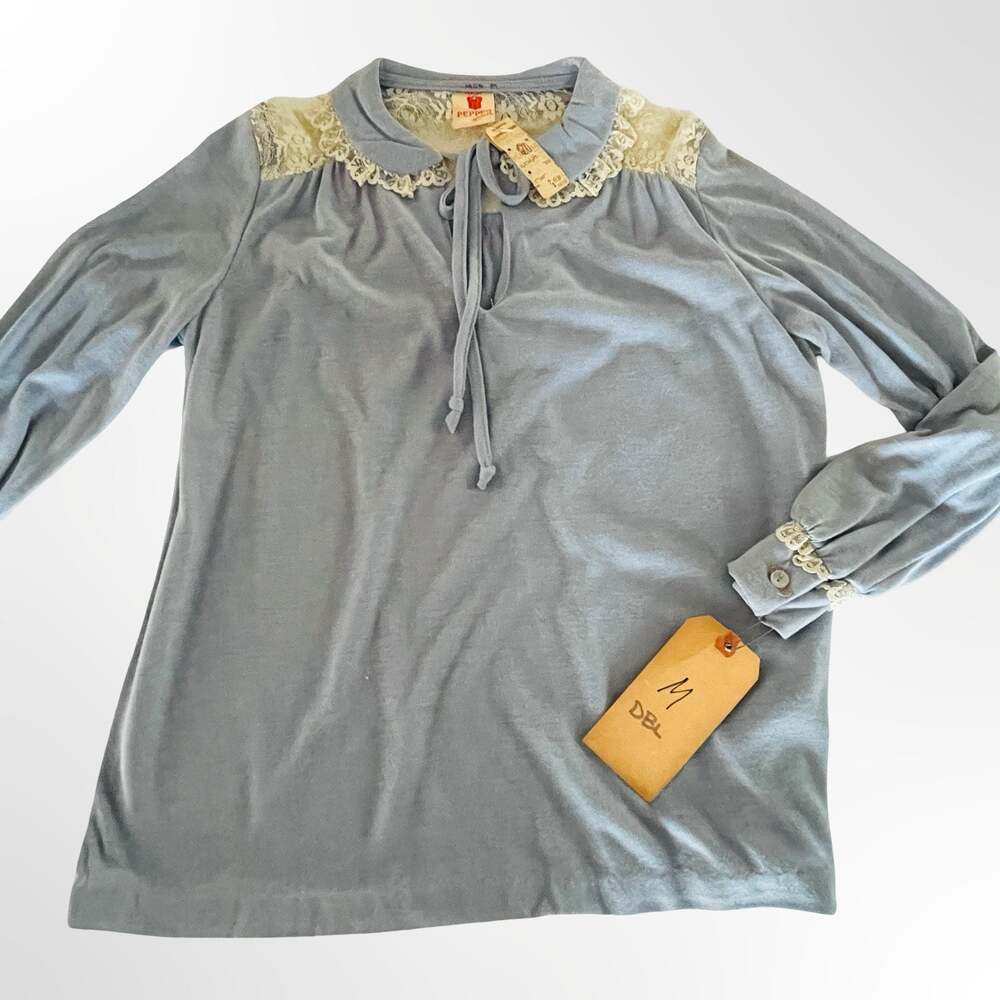 Red Pepper Vintage Blue Knit Blouse with Lace Collar and Tie