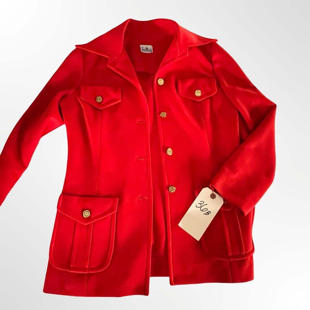 Vintage 1970s Bodin Knits Red Knit Jacket Blazer Gold Buttons