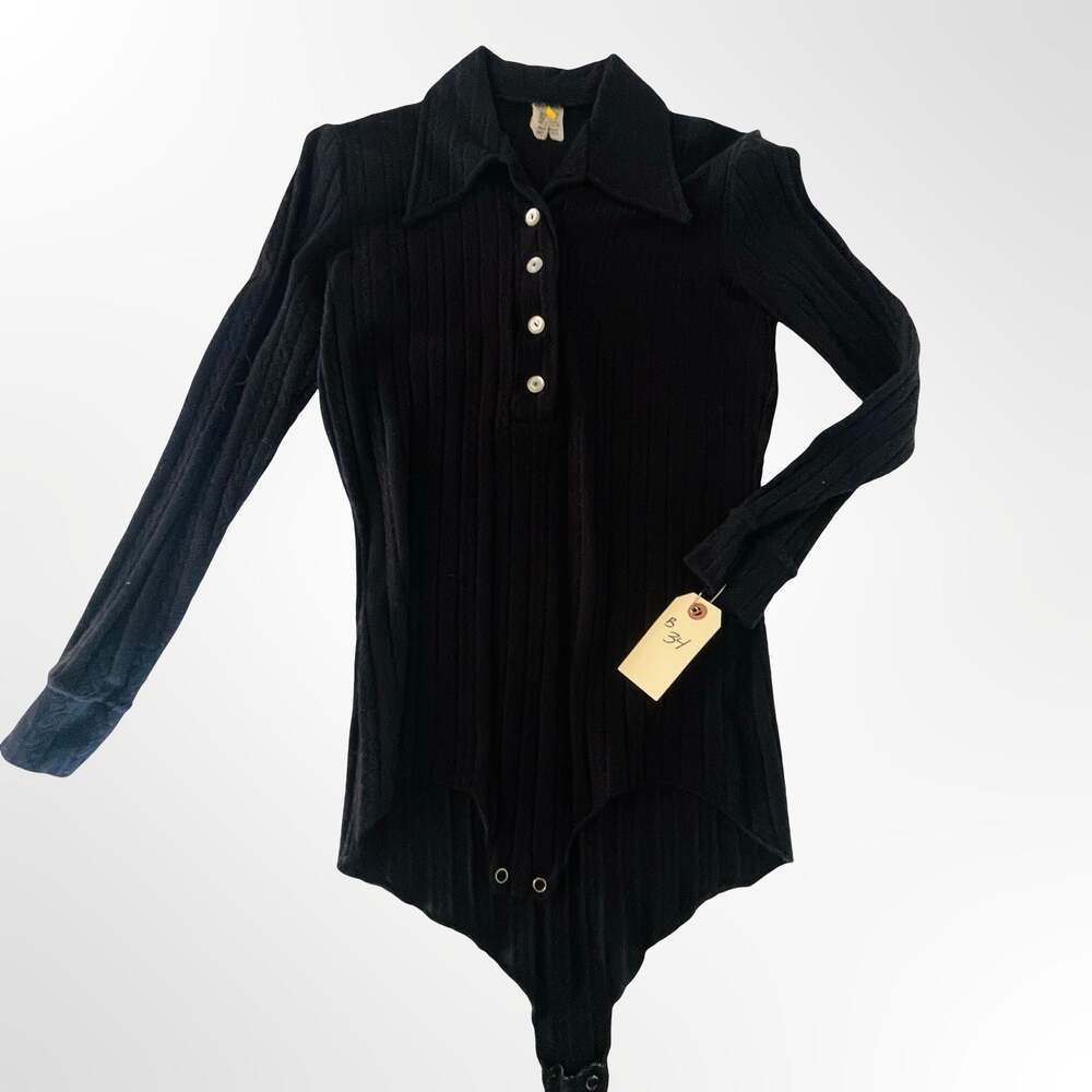 Vintage Black Ribbed Knit Long Sleeve Polo Collar Bodysuit