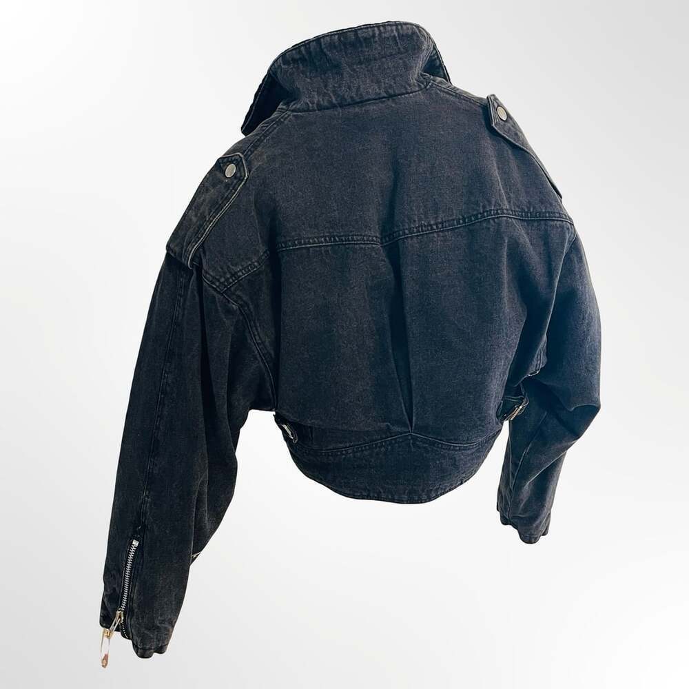 East West By The Panda Group Vintage Acid Wash Denim Moto Jacket w Sherpa Collar