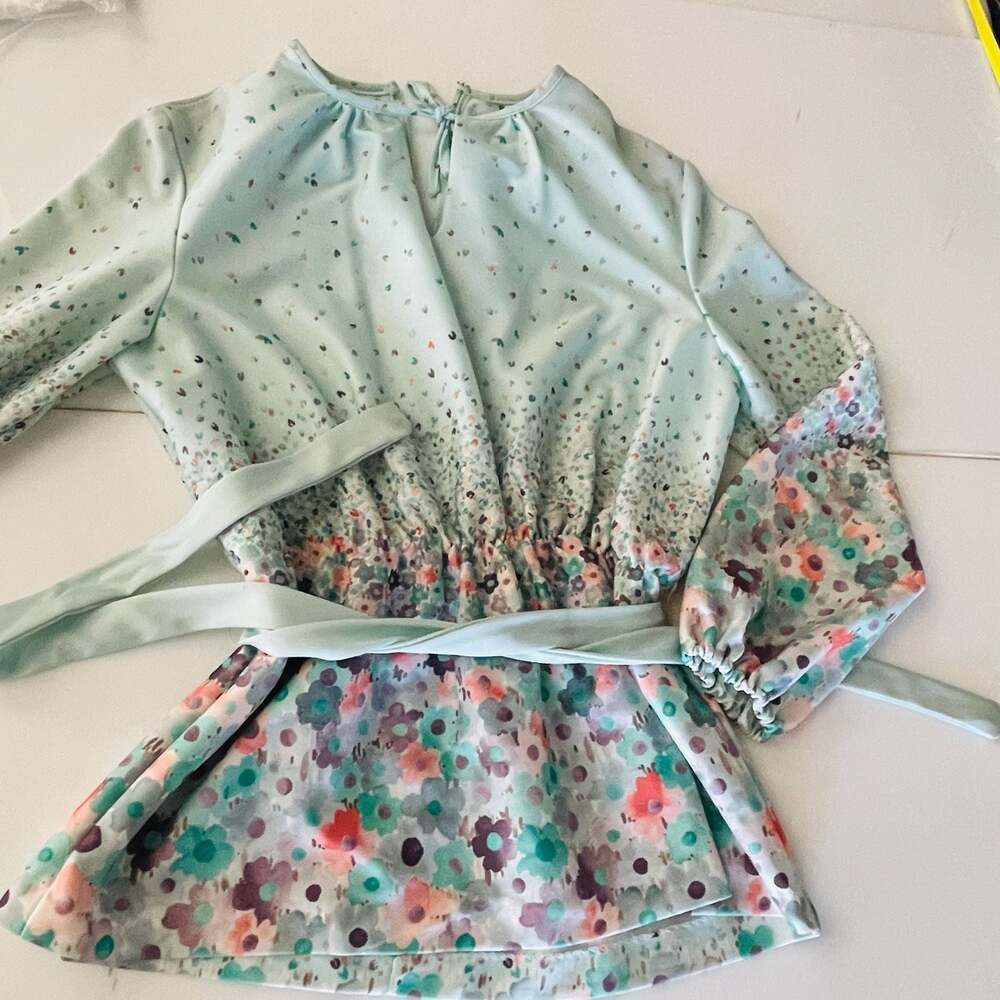 Vintage Mint Green Floral Ombre Tie Neck Long Sleeve Peplum Blouse with Belt