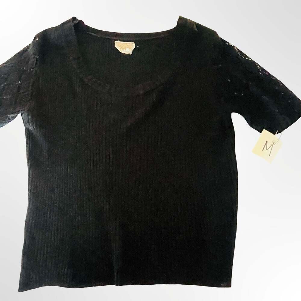 Vintage Black Ribbed Scoop Neck Sweater Top with Crochet Lace Sleeves Size M