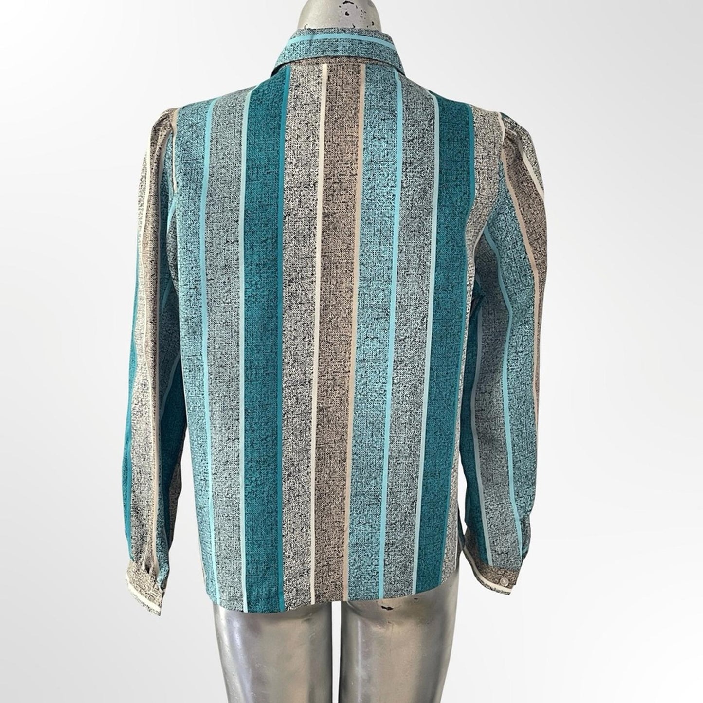 Women's Teal & Gray Striped Button-Up Silk Shirt