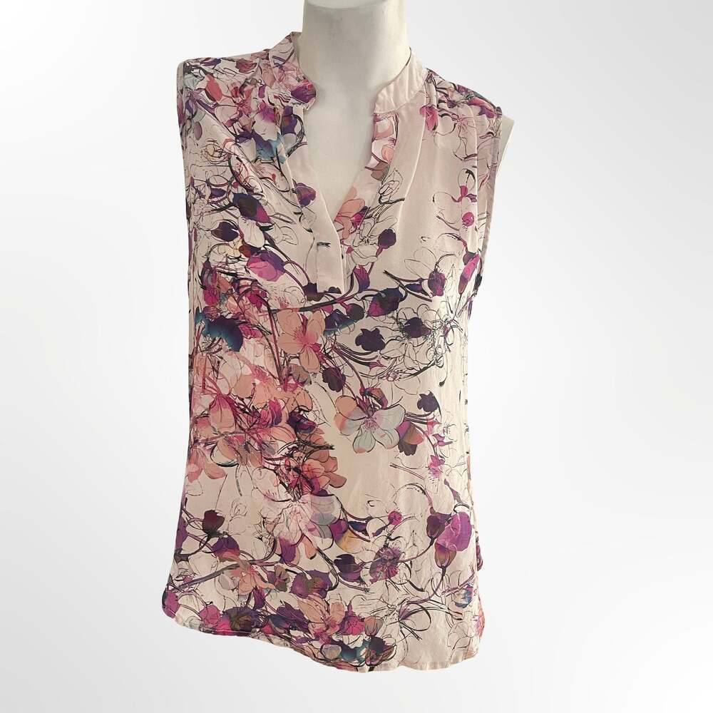 TJ Collection Women's Floral Print 100% Silk Sleeveless V-Neck Blouse