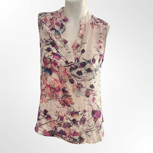 TJ Collection Women's Floral Print 100% Silk Sleeveless V-Neck Blouse