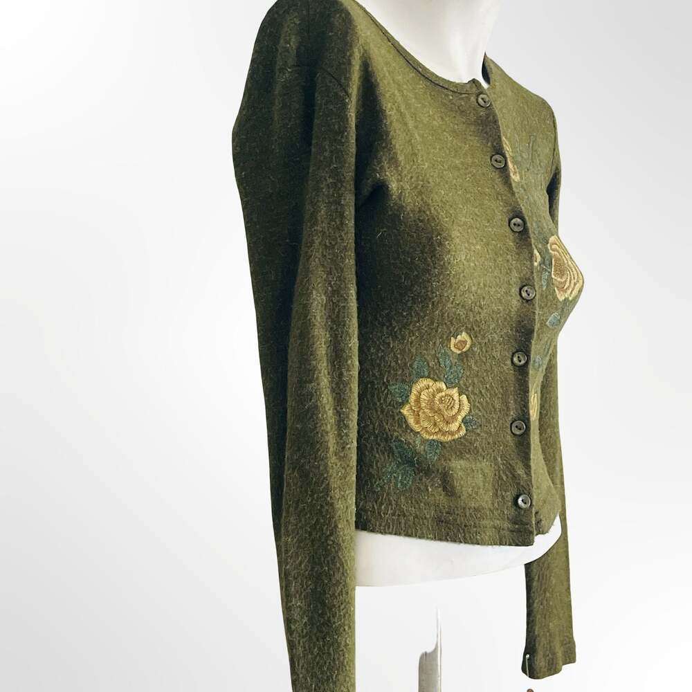 Cament Vintage Green Floral Embroidered Button Front Cardigan Sweater XS