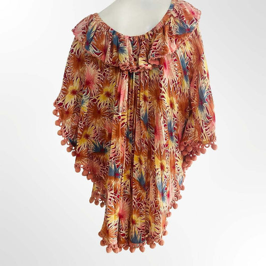 Tropical Sunburst Print Ruffle Pom Pom Poncho Cover-Up