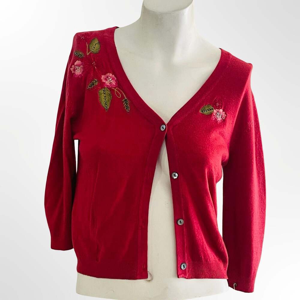 La Coquille Vintage Red Floral Embroidered Cardigan Sweater