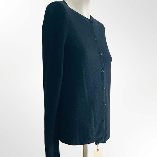 Women's Black Cashmere Crew Neck Button Front Cardigan Sweater