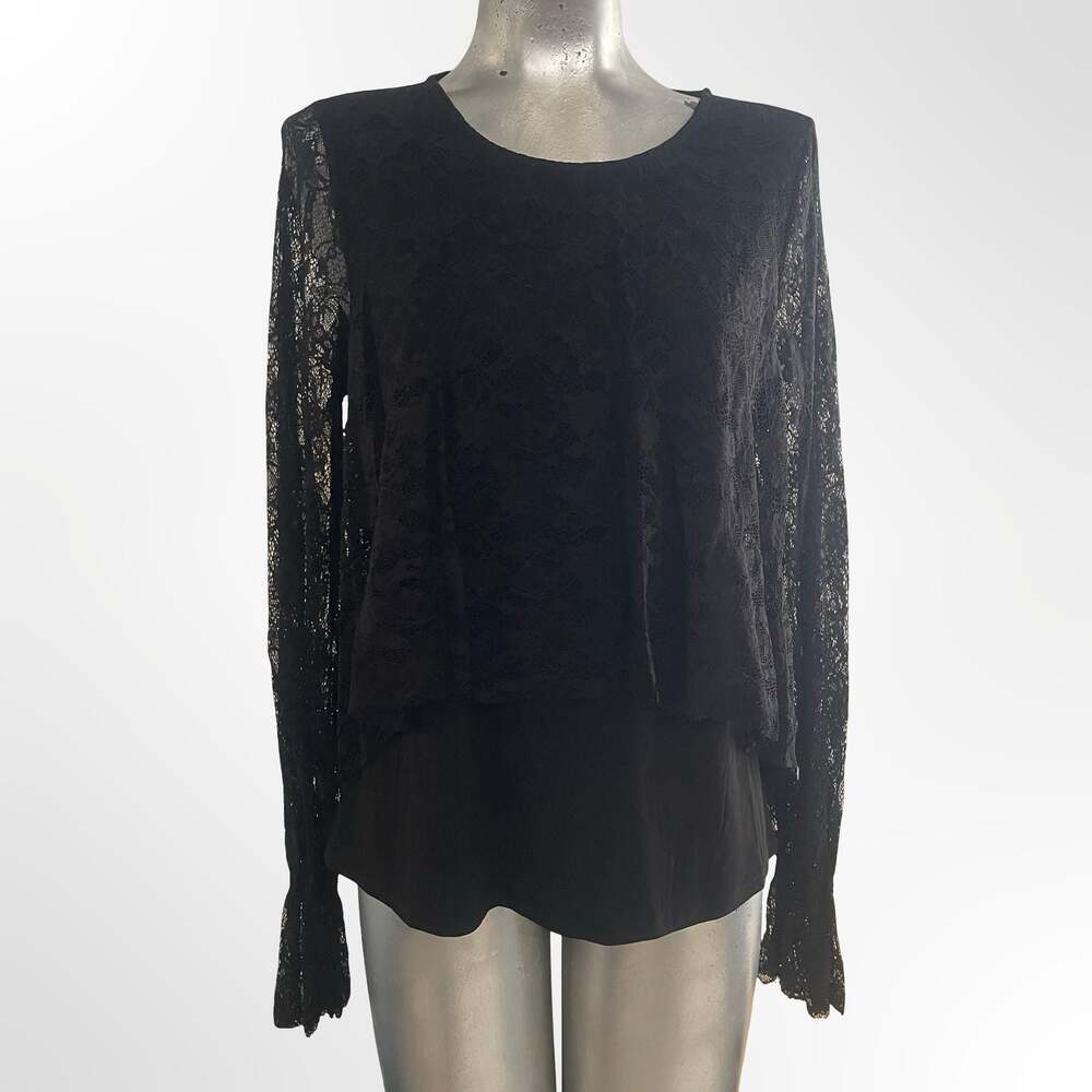 Cupio Black Long Sleeve Lace Overlay Top