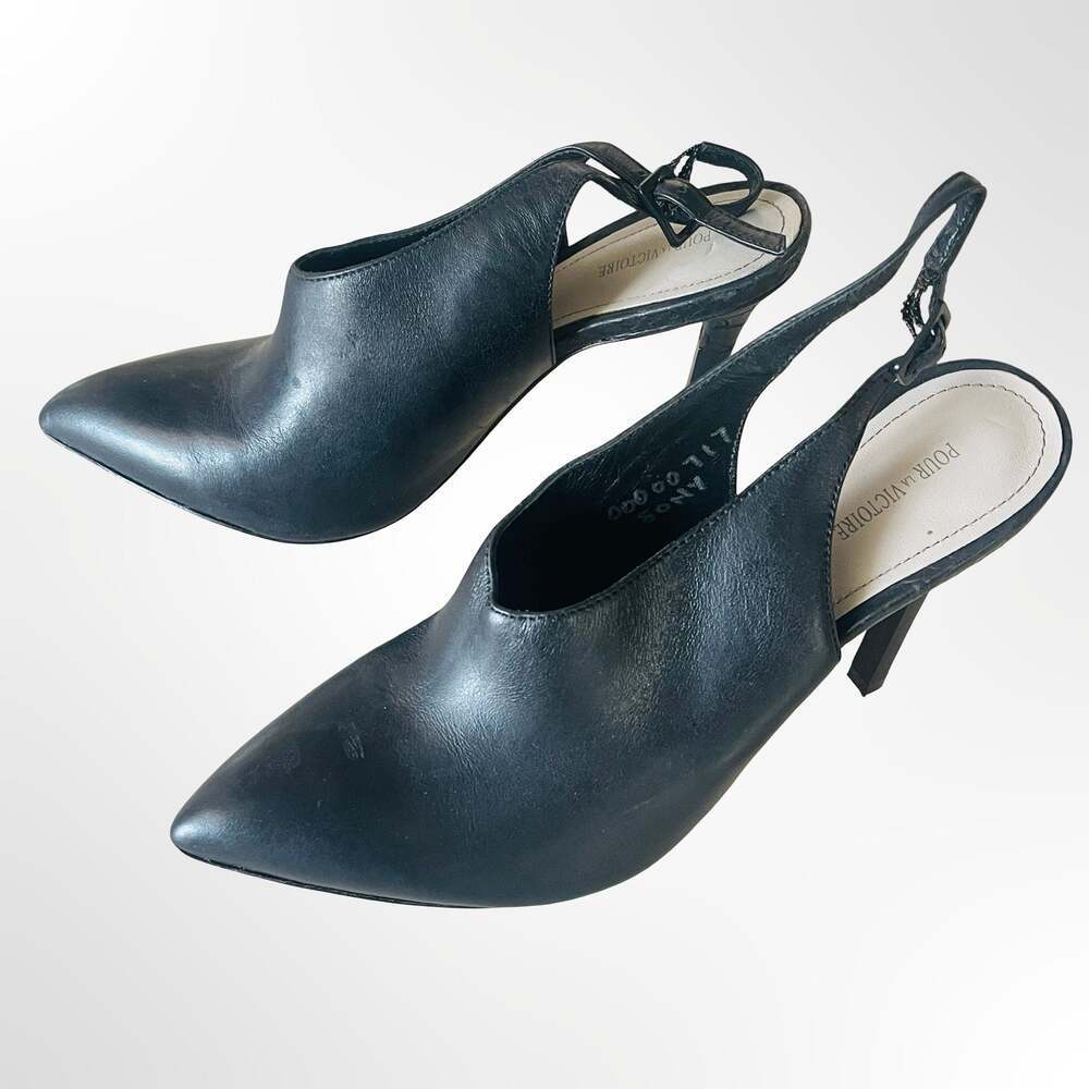 Pour La Victoire Black Leather Pointed Toe Slingback Stiletto Pumps