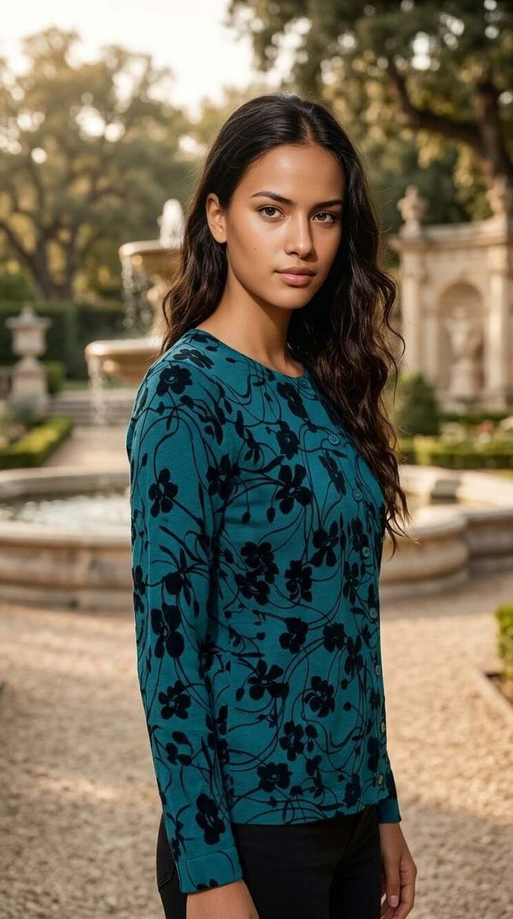 Garnet Hill Teal Blue Floral Botanical Print Button-Front Cardigan Sweater XS