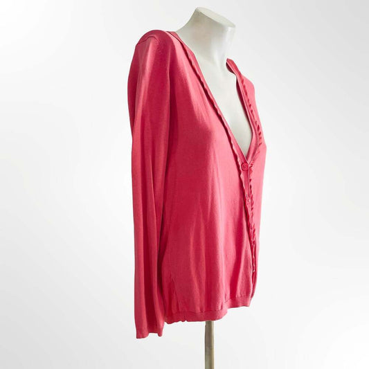 Ann Taylor Coral Pink Ruffle Trim V-Neck Button-Front Cardigan Sweater