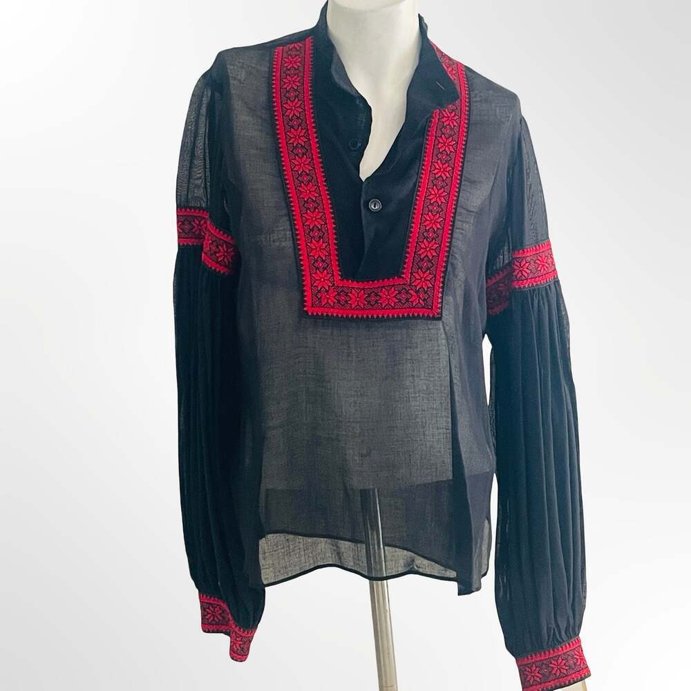 Vintage Eros California Black and Red Embroidered Peasant Blouse Long Sleeve
