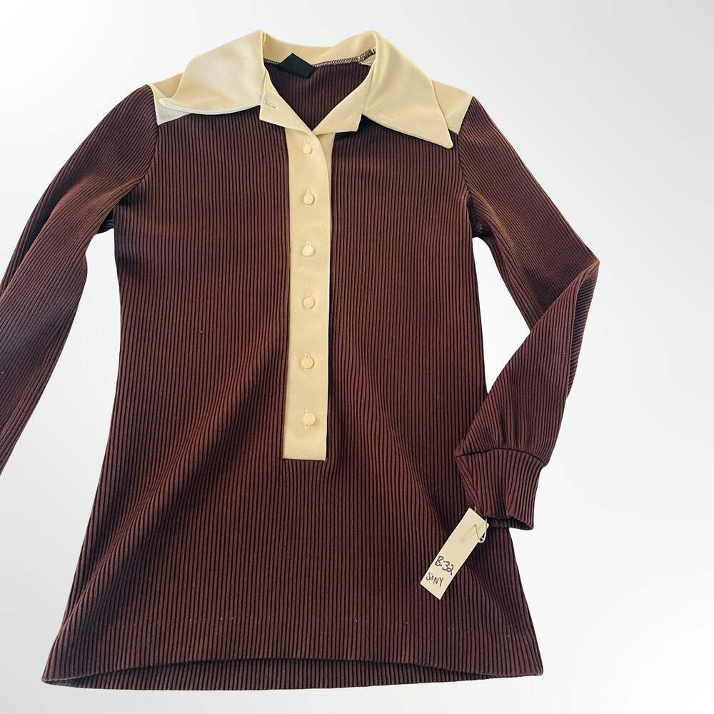 Vintage Stage 7 Brown Ribbed Knit Long Sleeve Polo Sweater  w Cream Collar