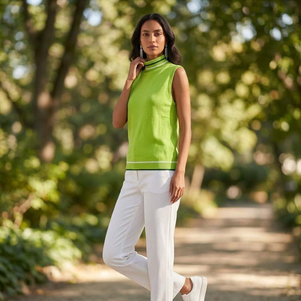 Vintage 1970s Hand Loomed Fully Fashioned Lime Green Mock Neck  Sweater