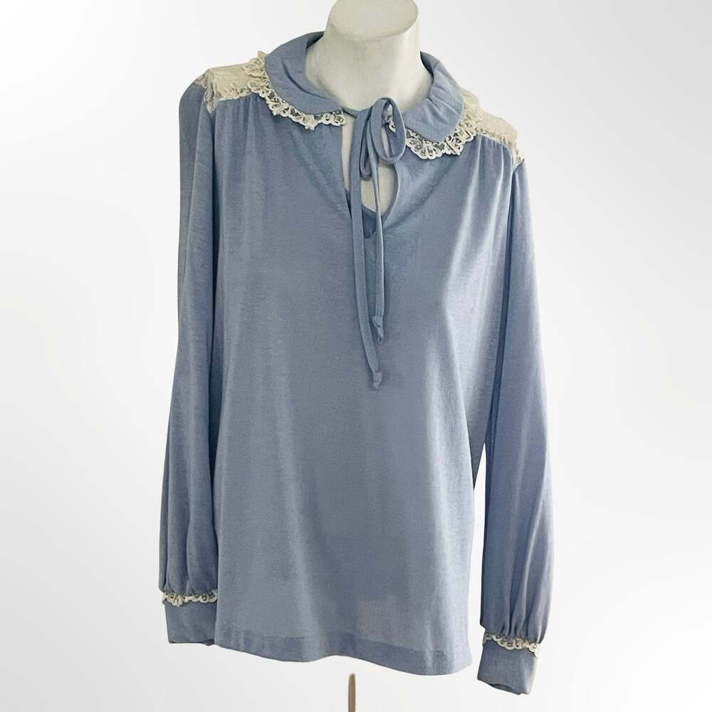 Red Pepper Vintage Blue Knit Blouse with Lace Collar and Tie