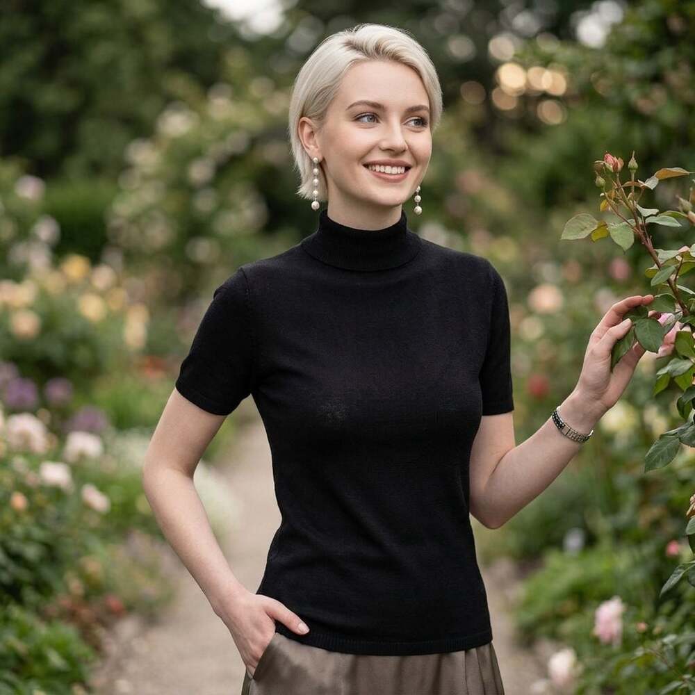 Black Short Sleeve Mock Neck Ribbed Knit Top