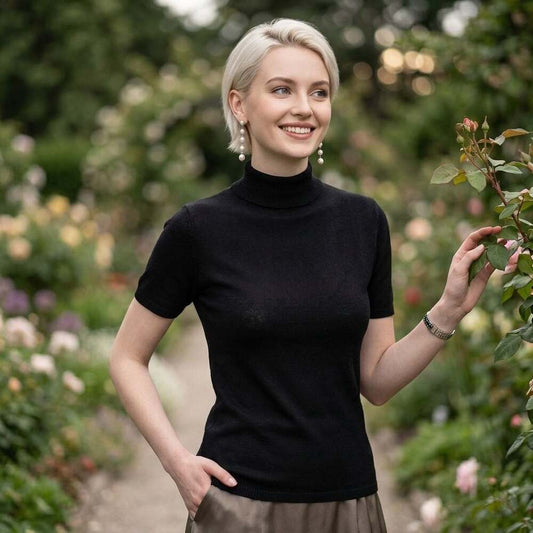 Black Short Sleeve Mock Neck Ribbed Knit Top