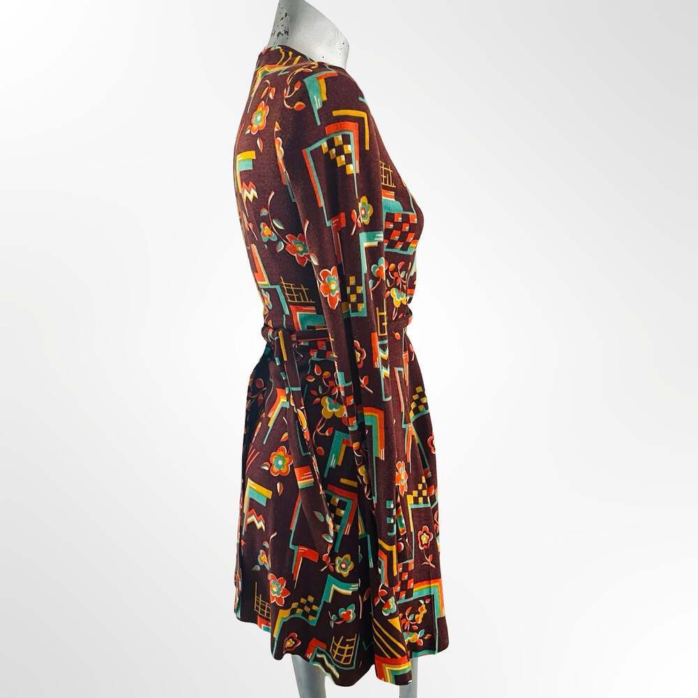 Vintage Brown Geometric Floral Long Sleeve Belted Mini Dress