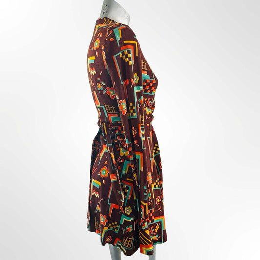 Vintage Brown Geometric Floral Long Sleeve Belted Mini Dress