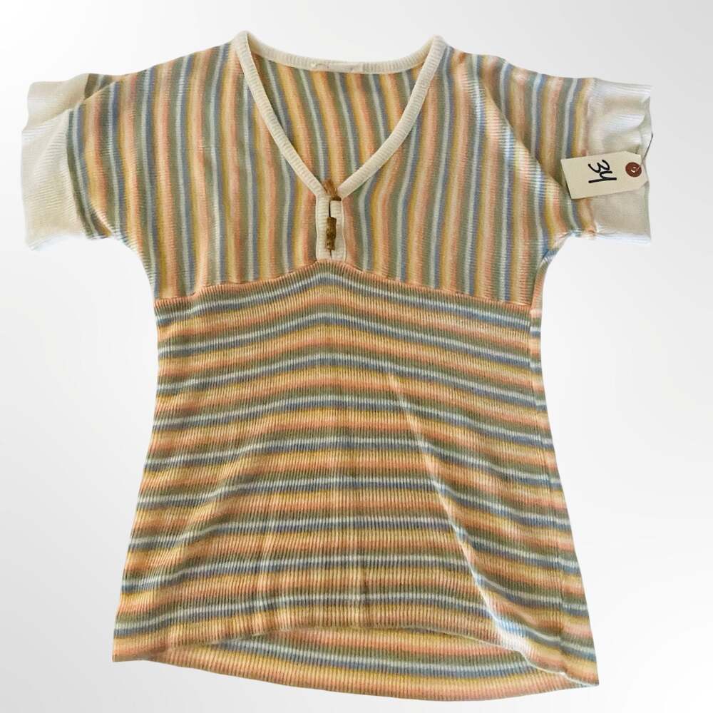 Vintage 1970s Lover's Leap Ltd. Striped Knit Short Sleeve Top w Bamboo Buttons