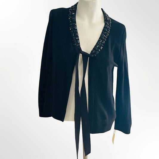 DKNY Donna Karan New York Black Embellished Beaded Collar Cape Cardigan
