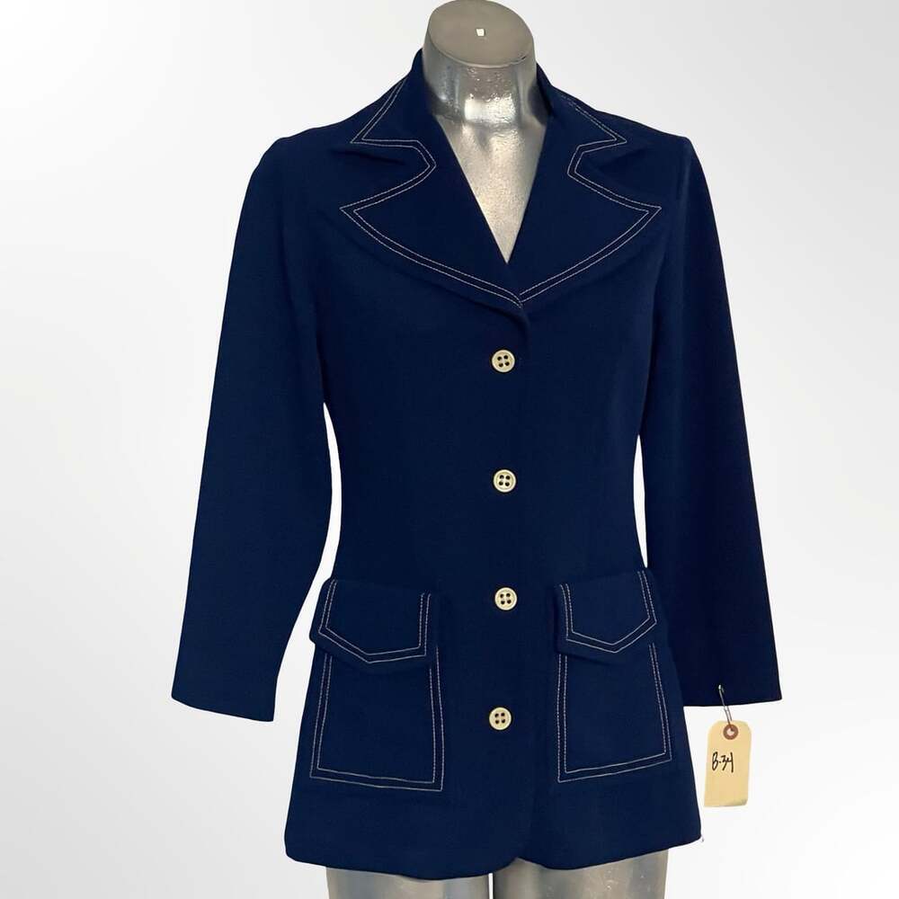 Vintage 1970s First Edition Dallas Blue Contrast Stitch Blazer Jacket Size 10