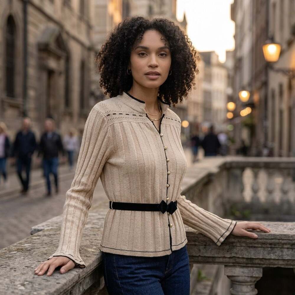 Cream Ribbed Knit Cardigan Sweater with Contrast Trim and Belt