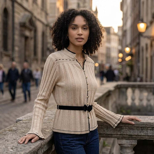 Cream Ribbed Knit Cardigan Sweater with Contrast Trim and Belt