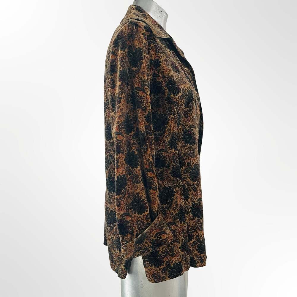 Vintage Floral Paisley Print Long Sleeve Button Down Shirt with Beaded Trim