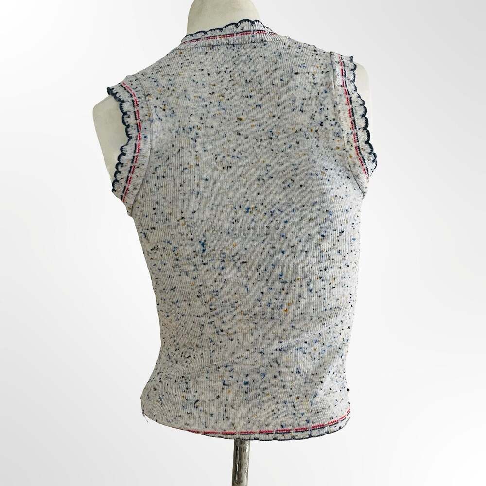 Vintage 70s Gray Heathered Rainbow Speckle Knit Vest Top With Plaid Stripe