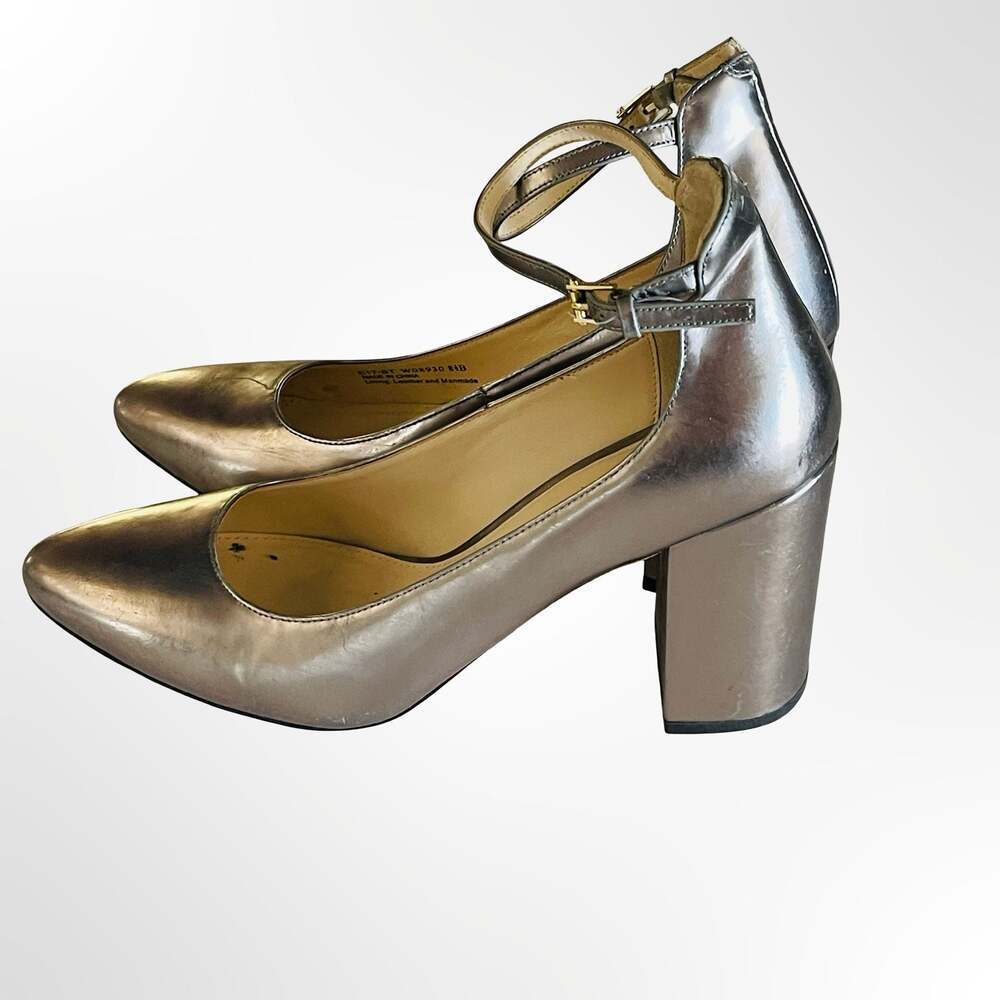 Cole Haan Grand.OS Metallic Pewter Ankle Strap Block Heel Pumps
