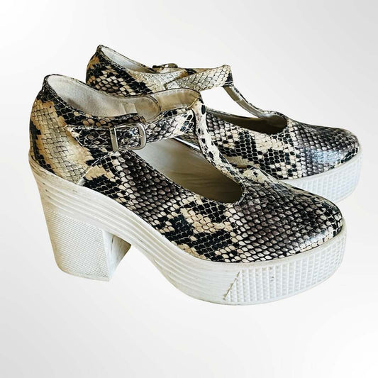Martin Pescatore Snakeskin Print T-Strap Platform Mary Jane Heels