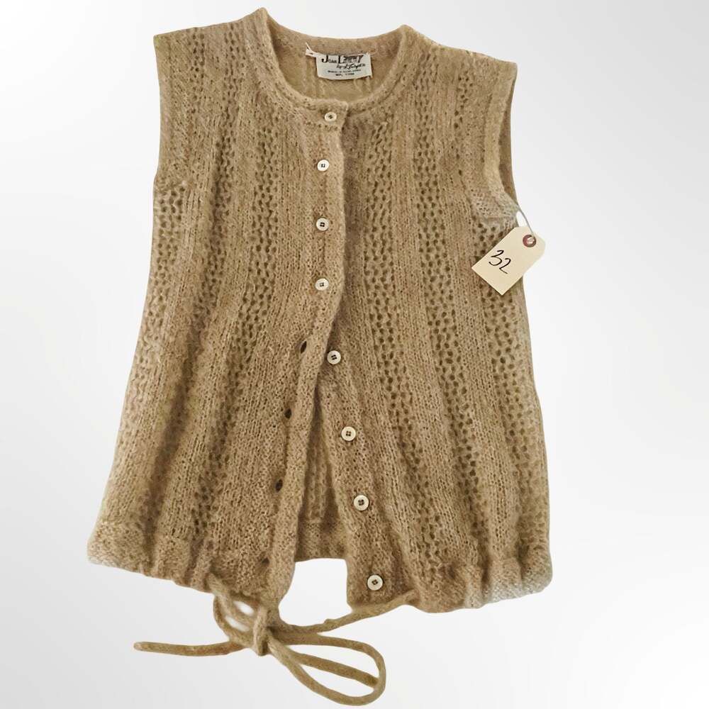 Vintage Joan Leslie by Kasper Knit Sleeveless Cardigan Vest Sweater Beige