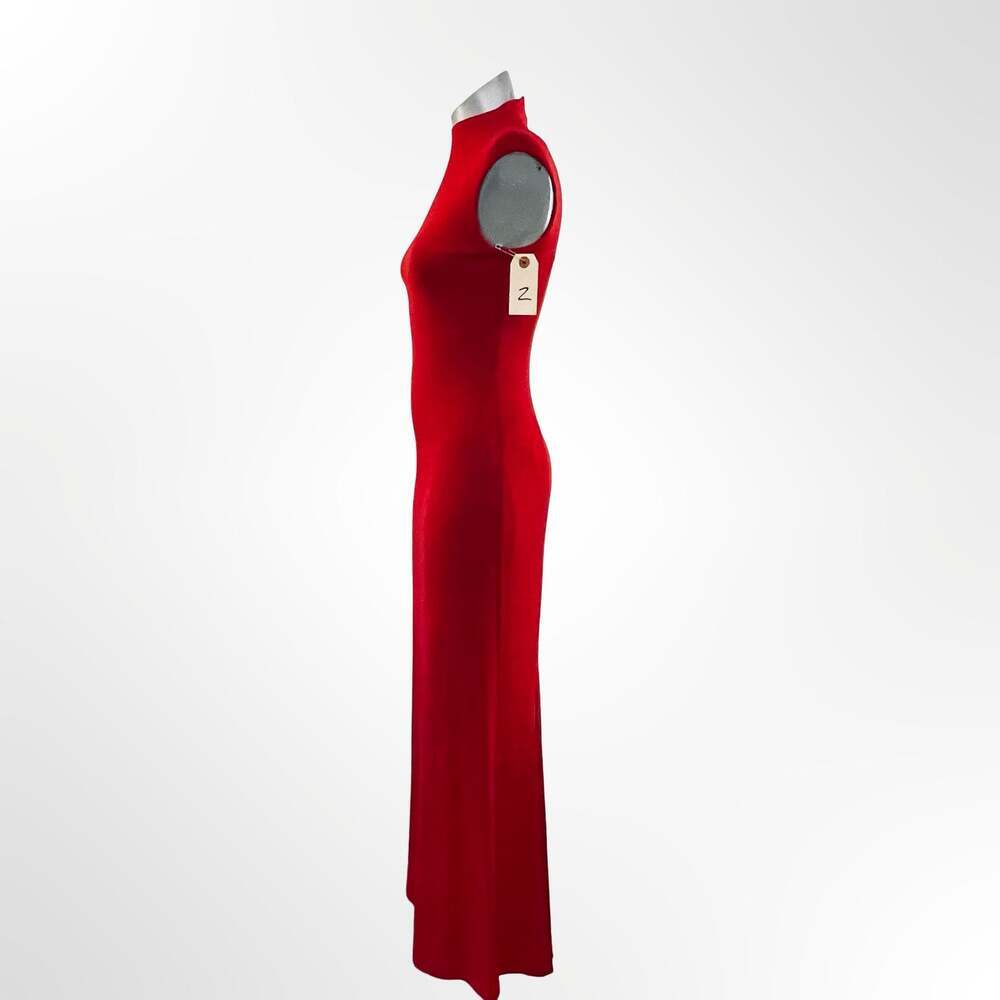 David Meister Red Mock Neck Sleeveless Sheath Gown