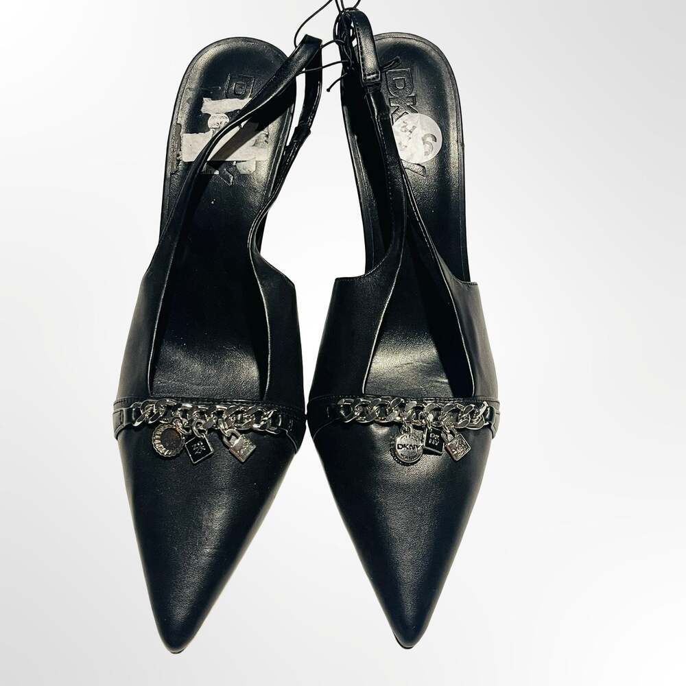 DKNY Black Leather Slingback Pointed-Toe Heels with Chain Detail
