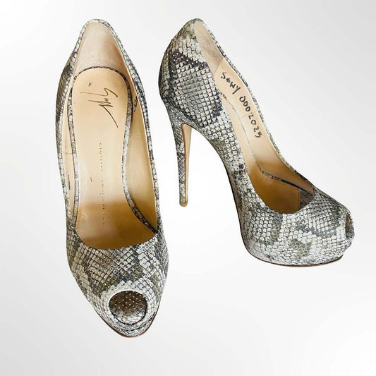 Giuseppe Zanotti Design Snake Embossed Leather Peep Toe Platform Pumps