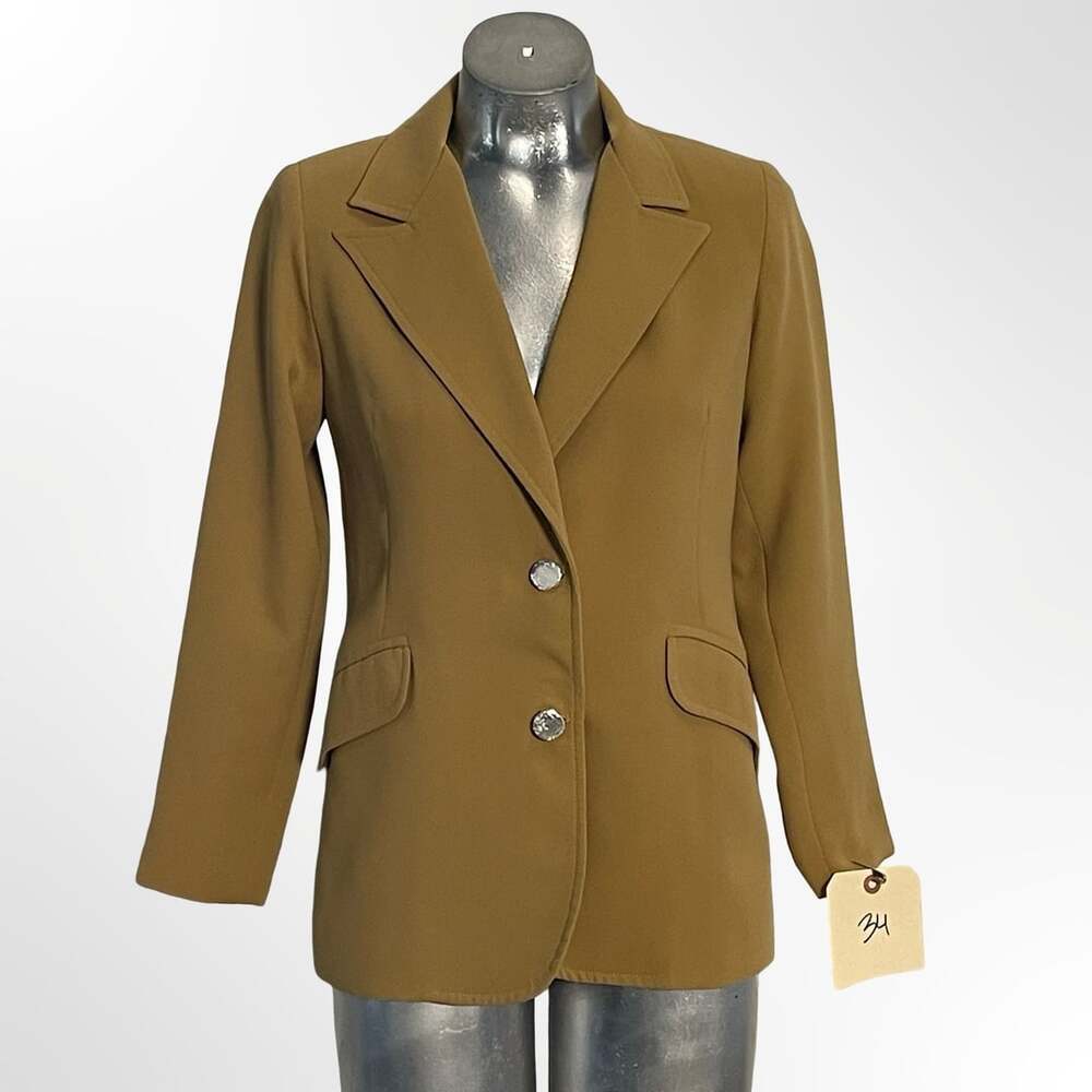 Tan Brown Two-Button Fitted Blazer with Crystal Buttons