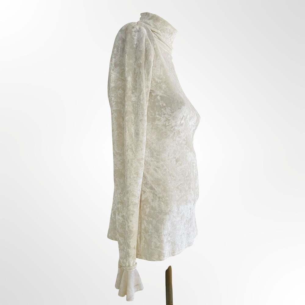 Vintage Style Cream Crushed Velvet Turtleneck Long Sleeve Ruffle Cuff Top