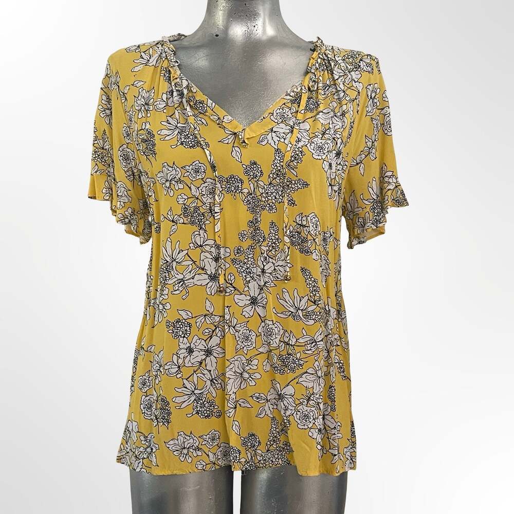 Liz Claiborne Career Yellow Floral Print Rayon Tie-Neck Blouse