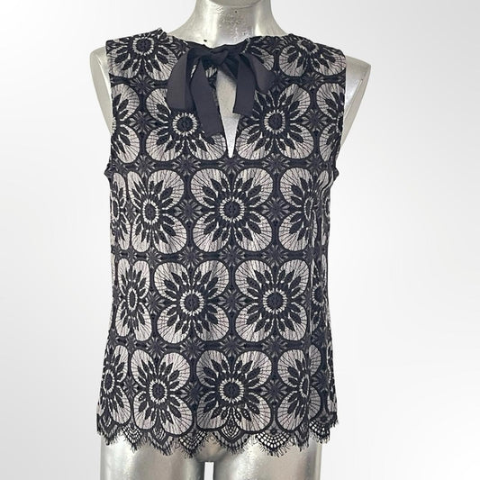 Cute Unbranded Sleeveless Black Lace Overlay Tie-Neck Top