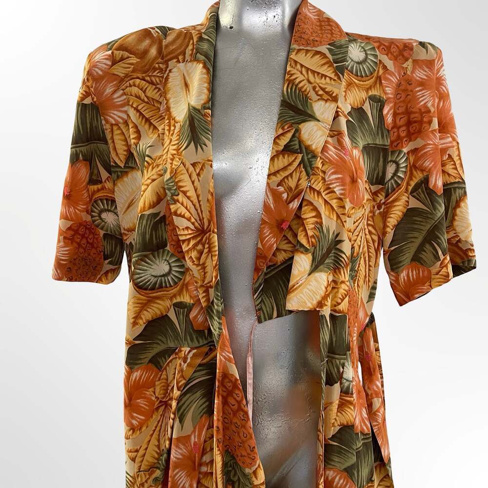 Gillian Vintage 100% Silk Tropical Floral Print Faux Wrap Dress