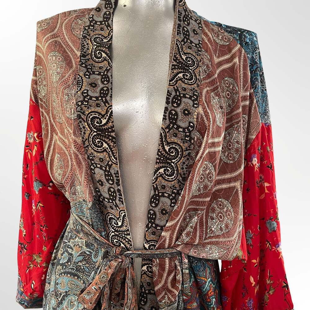 Vintage Upcycled Patchwork Silk Sari Kimono Robe with Belt