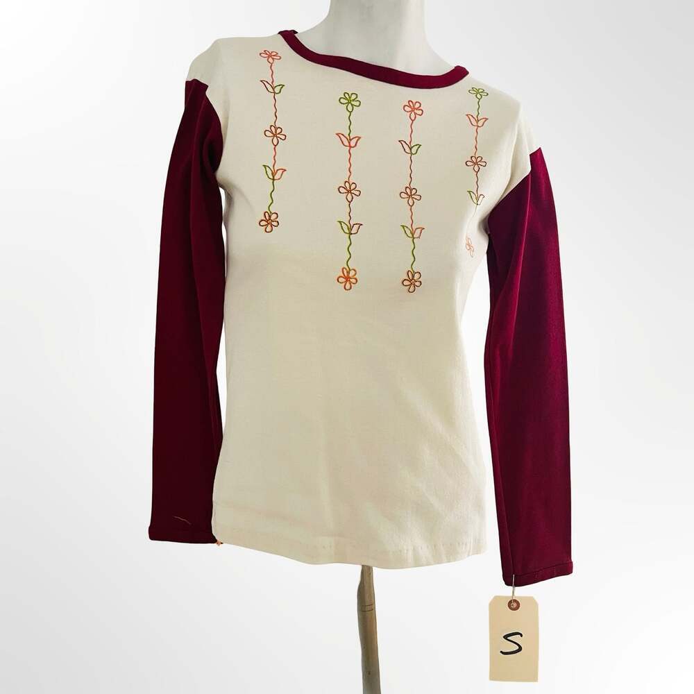 Vintage Floral Embroidered Off-White and Burgundy Raglan Long Sleeve Top