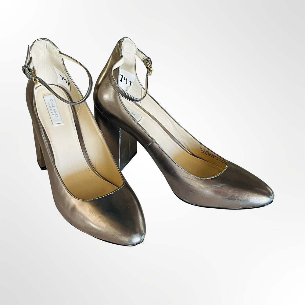Cole Haan Grand.OS Metallic Pewter Ankle Strap Block Heel Pumps