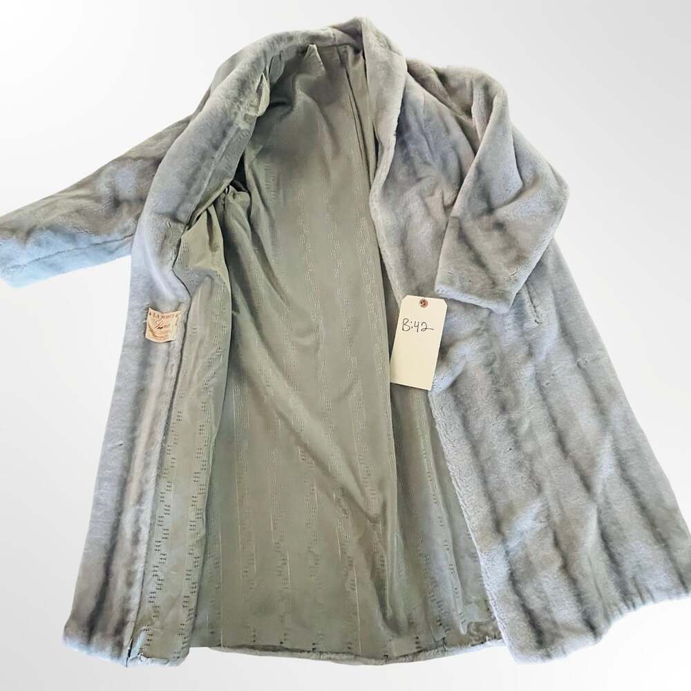 Vintage La France Roma Simulated Fur Long Coat Shawl Collar Blue Gray