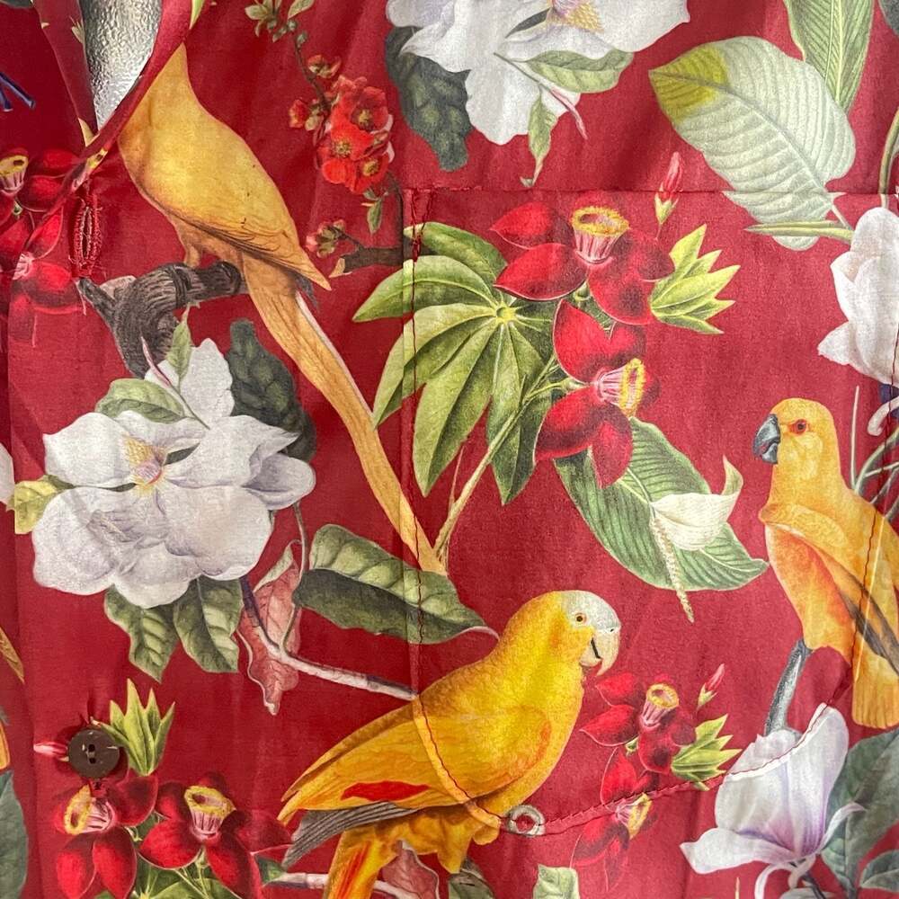 Vintage Floral and Parrot Print Red Tropical Camp Shirt