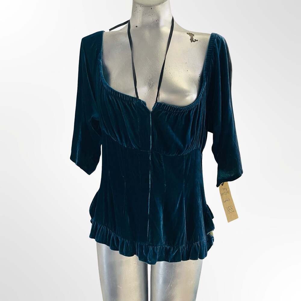 Marrika Naki Vintage 100% Silk Teal Velvet Ruched Ruffle Hem Top